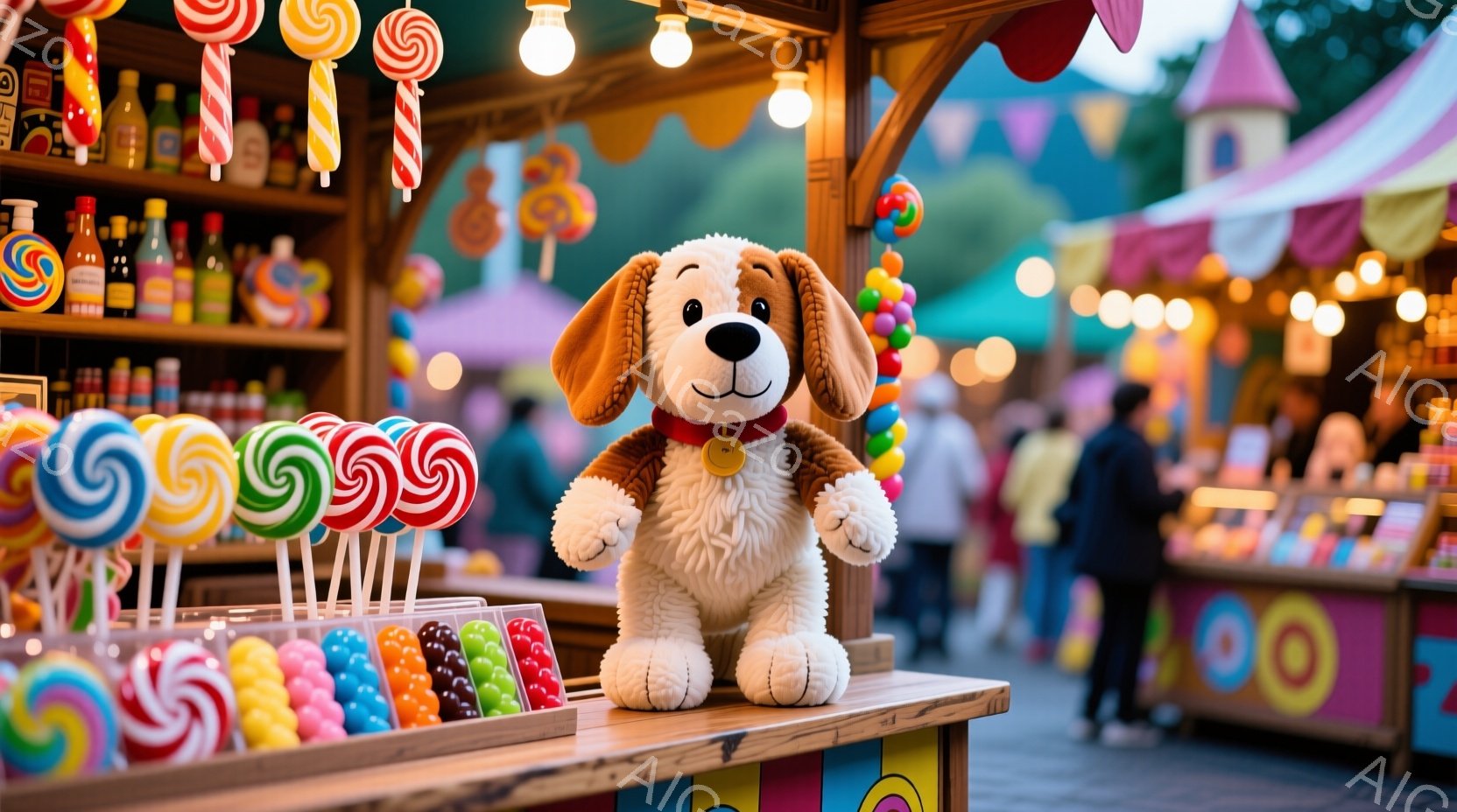 カラフルなキャンディーが並ぶ屋台の前に、可愛らしい犬のぬいぐるみが座っています。背景には、お祭りや遊園地のような賑やかな雰囲気があり、ぼやけた人影やカラフルな建物が見えます。全体的に暖かく、楽しげな雰 - AI生成フリー素材