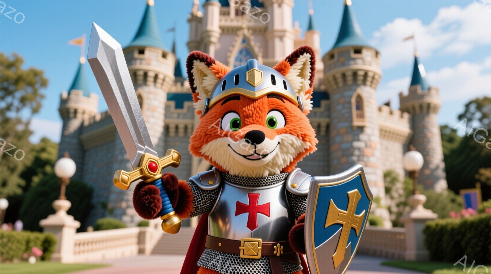オレンジ色の狐のキャラクターが、中世ヨーロッパ風の騎士の衣装を身につけて立っている。彼は金属製のヘルメット、鎖帷子、赤い十字架が描かれたマント、そして盾と剣を持っている。背景にはシンデレラ城が聳え立ち、晴れた空と緑豊かな庭園が広がり、ファンタジーの世界を思わせる華やかで楽しい雰囲気が漂っている。