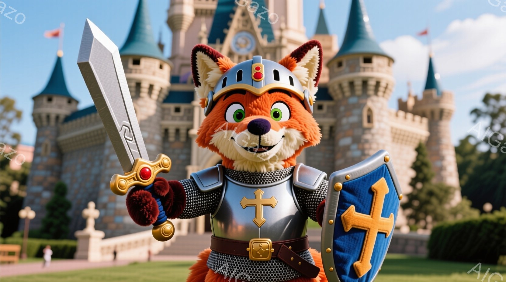 オレンジ色の狐のキャラクターが、中世風の騎士の鎧を身につけ、片手に剣、もう片手に青い十字架の紋章が入った盾を持っています。背景には、青い屋根を持つお城と緑豊かな芝生、晴れた空が広がっており、おとぎ話のような幻想的な雰囲気を醸し出しています。キャラクターは誇らしげな表情で正面を見据え、勇ましい姿勢で立っています。