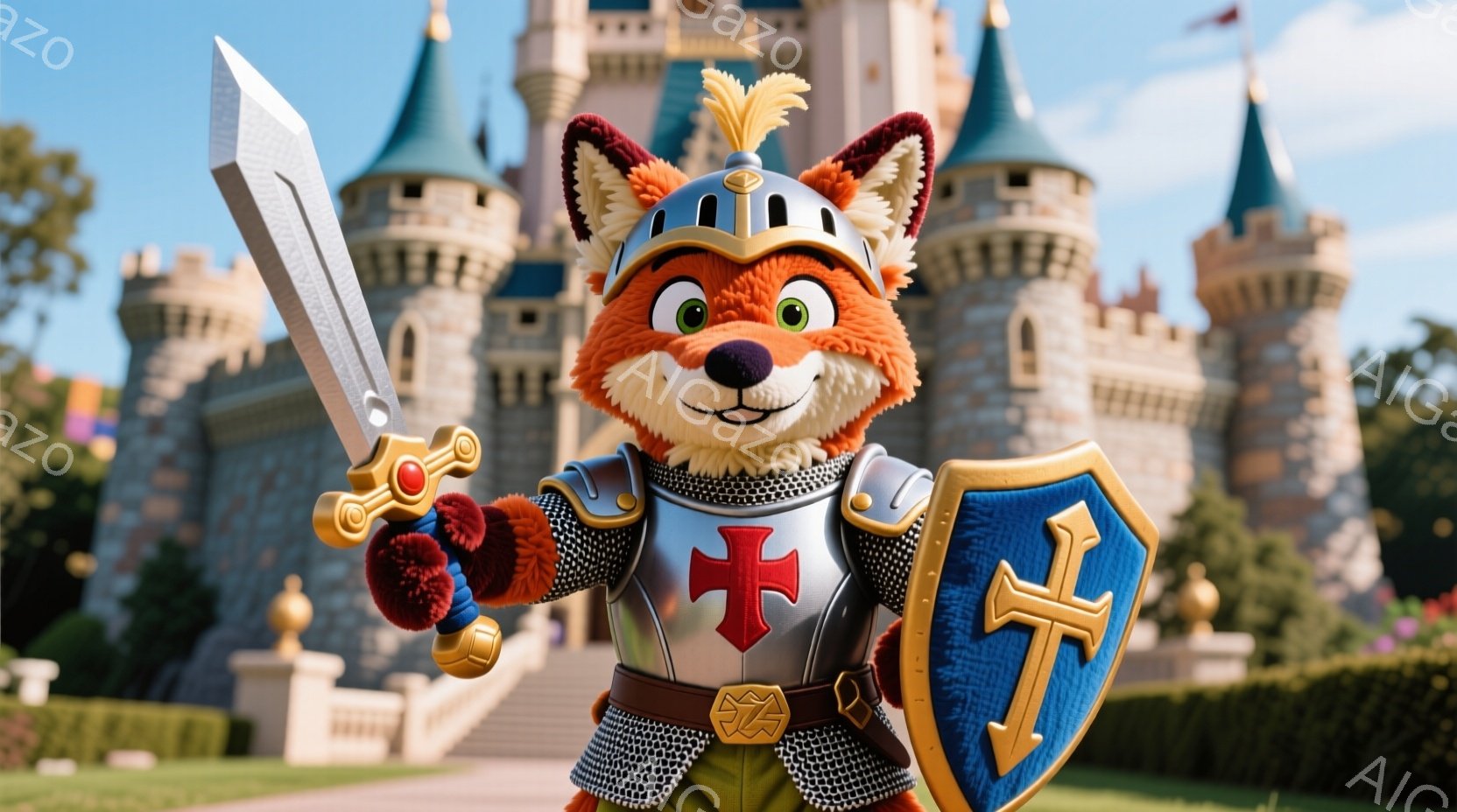 オレンジ色の狐のキャラクターが、中世の騎士の衣装を身につけ、剣と盾を構えて立っている。背景には、青い屋根を持つお城と緑豊かな庭園が広がり、晴天の下、明るく活気に満ちた雰囲気が漂っている。キャラクターは誇らしげな表情で、冒険心と勇気を掻き立てるようなポーズをとっている。