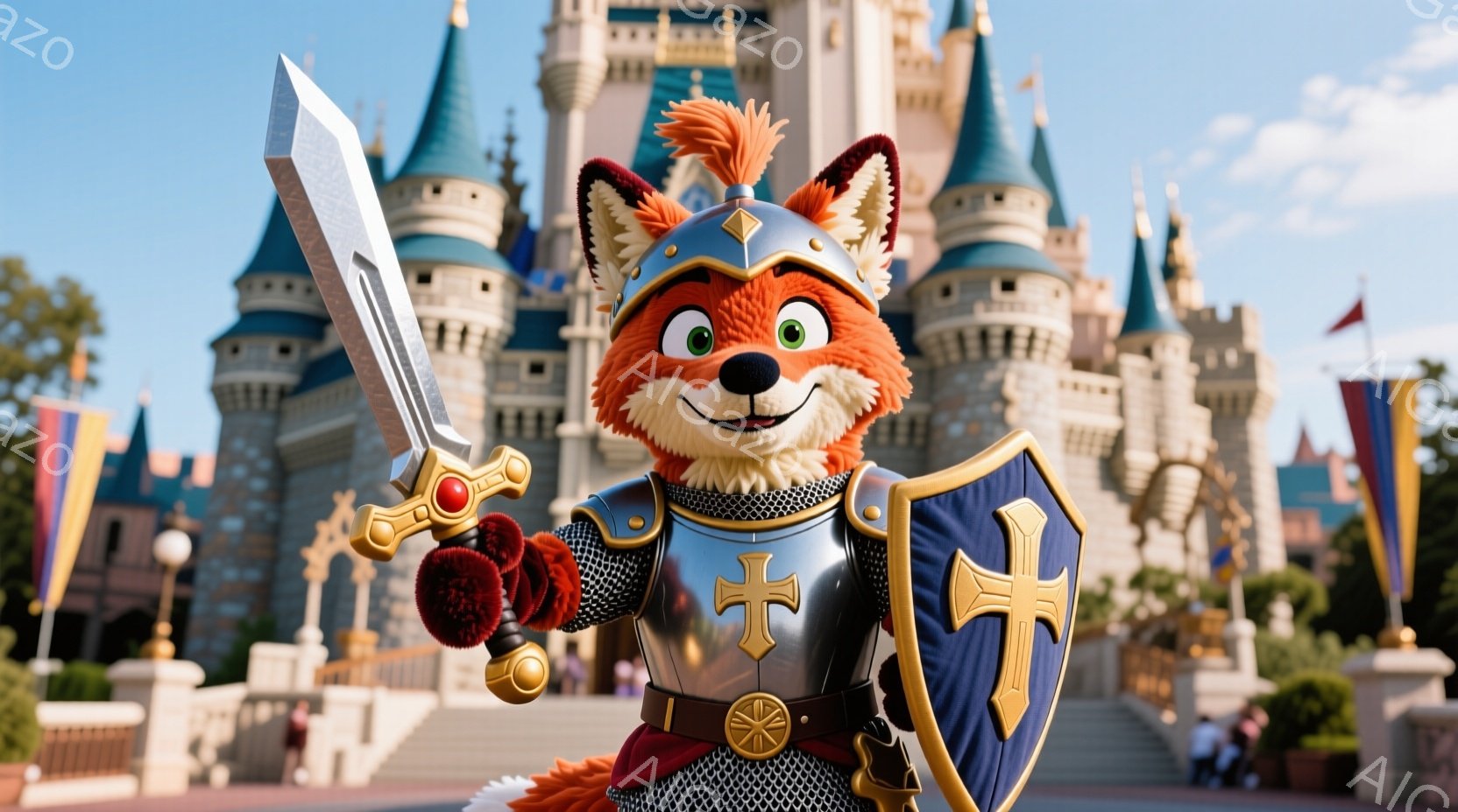オレンジ色のキツネのキャラクターが、中世の騎士の衣装を身につけて、剣と盾を持って立っています。背景には、青い屋根を持つお城が見え、青空の下、晴れた日の遊園地のような雰囲気です。キャラクターは自信に満ちた表情で、まるで物語のヒーローのようです。