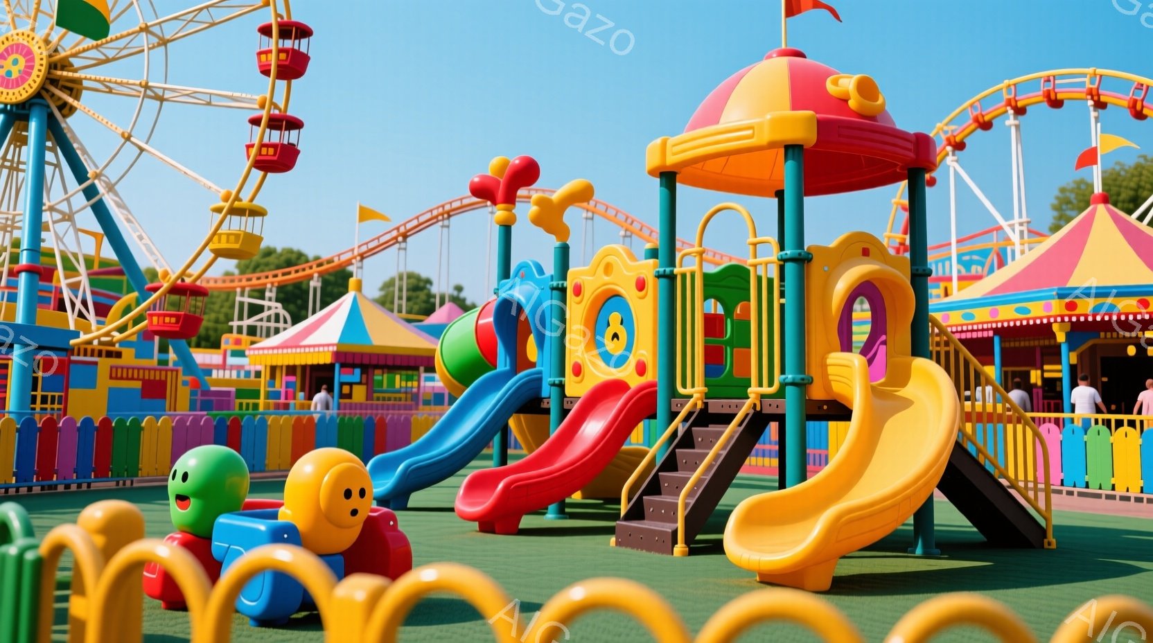 遊園地の様子を描いたもので、多数の遊具が展示されています。中央に大きな遊具があり、それを取り巻くように小さな遊具が配置されています。人物の表情は楽しげで、遊び心豊かな空間を感じさせる様子です。背景には明るい天気があり、広々とした開放的な環境が印象的です。