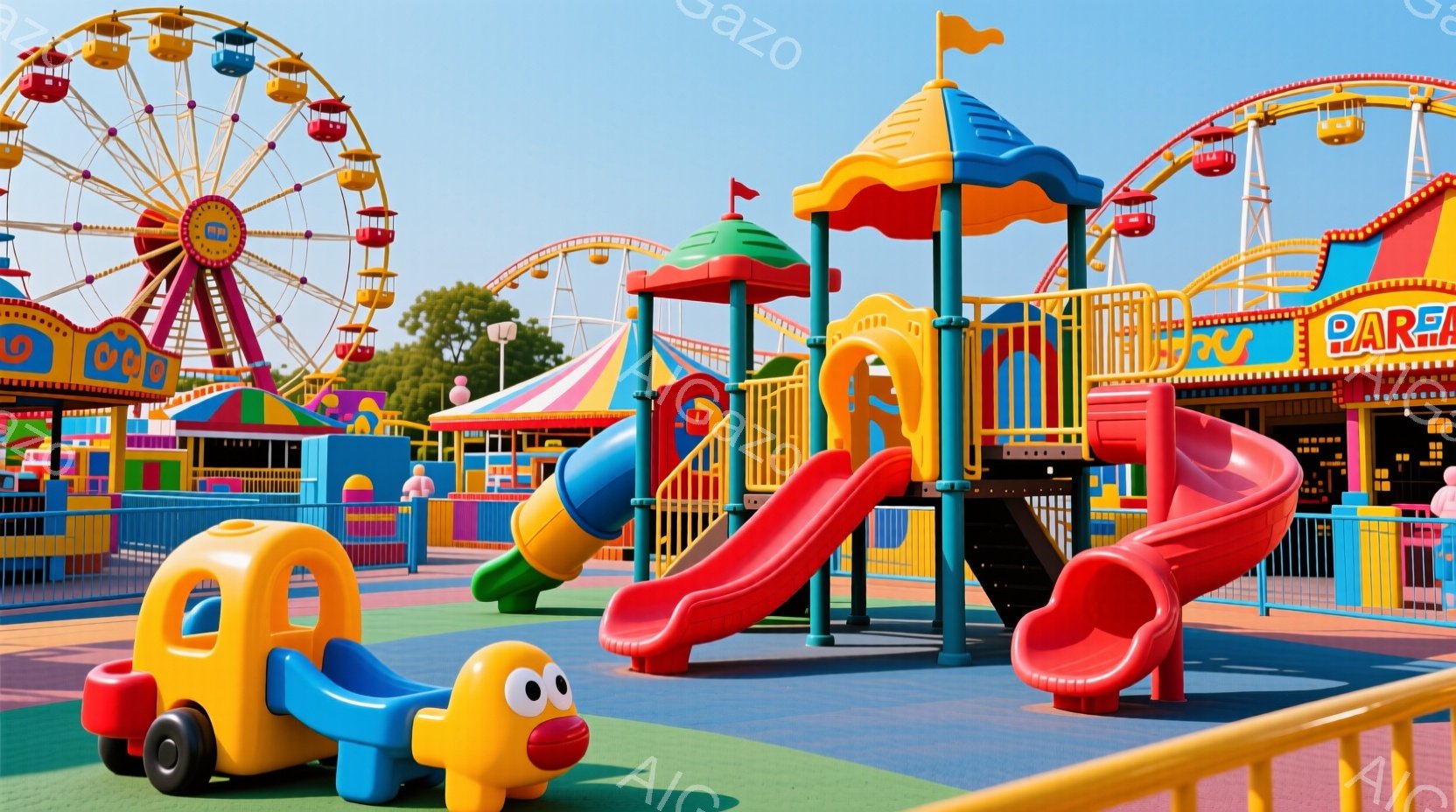 カラフルな遊園地の遊具が並び、赤い滑り台、青いトンネル、オレンジ色のミニカーが特徴的です。背景には観覧車やカラフルなテントが見え、晴天の下、明るく楽しい雰囲気が漂っています。遊具は鮮やかな色で、子供たちが安全に遊べるように設計されています。