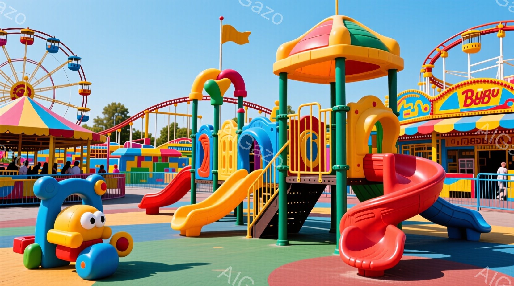 カラフルな遊具が並ぶ遊園地の一角で、赤い、黄色の、青色の滑り台や立体的な遊具が目に飛び込んできます。背景には観覧車やカラフルな建物が見え、晴天の下、子どもたちが遊ぶ活気あふれる様子が想像できます。遊園地全体が明るく楽しい雰囲気に包まれており、家族連れが楽しむのに最適な場所であることがわかります。