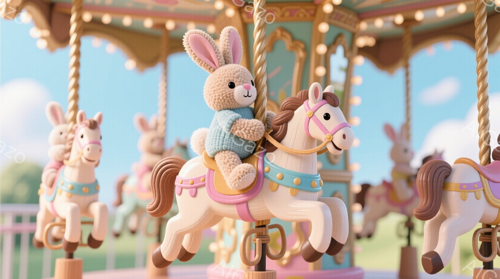 白い木馬に乗った可愛らしいウサギが描かれています。ウサギは水色のセーターを着ており、嬉しそうな表情をしています。背景には、他の木馬や淡いピンク色の柱が立ち並び、遊園地のメリーゴーランドの温かく夢のよう - AI生成フリー素材