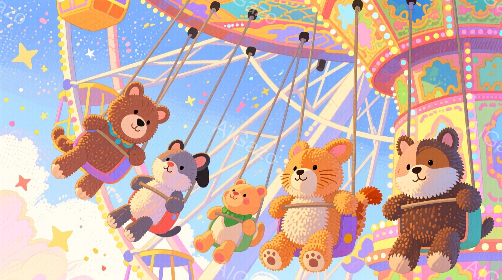 遊園地の観覧車に乗っているクマの家族が描かれています。それぞれのクマは異なる色の毛並みと服装をしており、楽しそうな表情を浮かべています。背景はパステルカラーで彩られ、星が散りばめられた空と、観覧車のカ - AI生成フリー素材