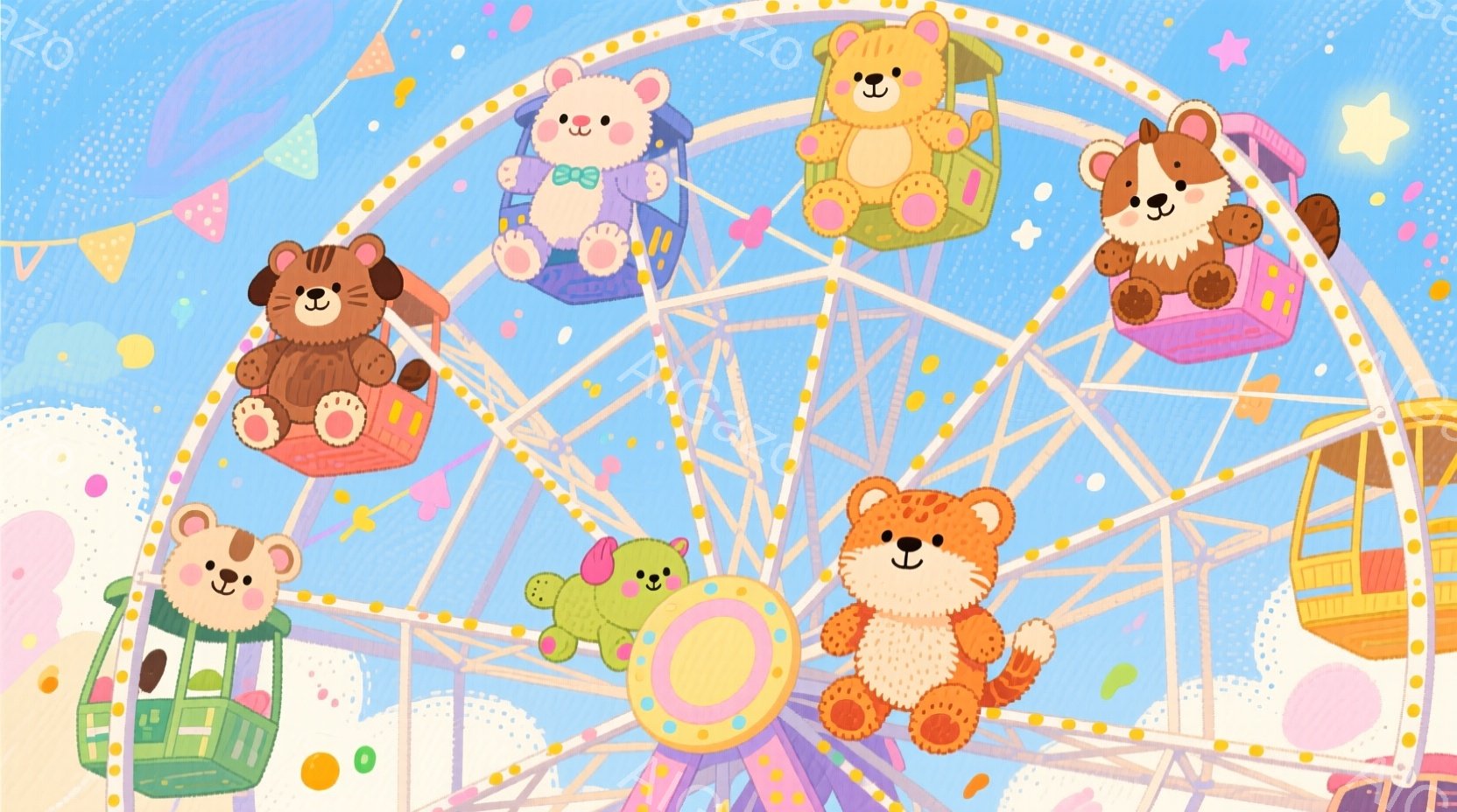 カラフルな観覧車が青空を背景に描かれています。各ゴンドラには、異なる色の可愛らしいテディベアが乗っており、それぞれ穏やかな笑顔を浮かべています。背景にはパステルカラーの雲と星が散りばめられ、全体的に夢 - AI生成フリー素材