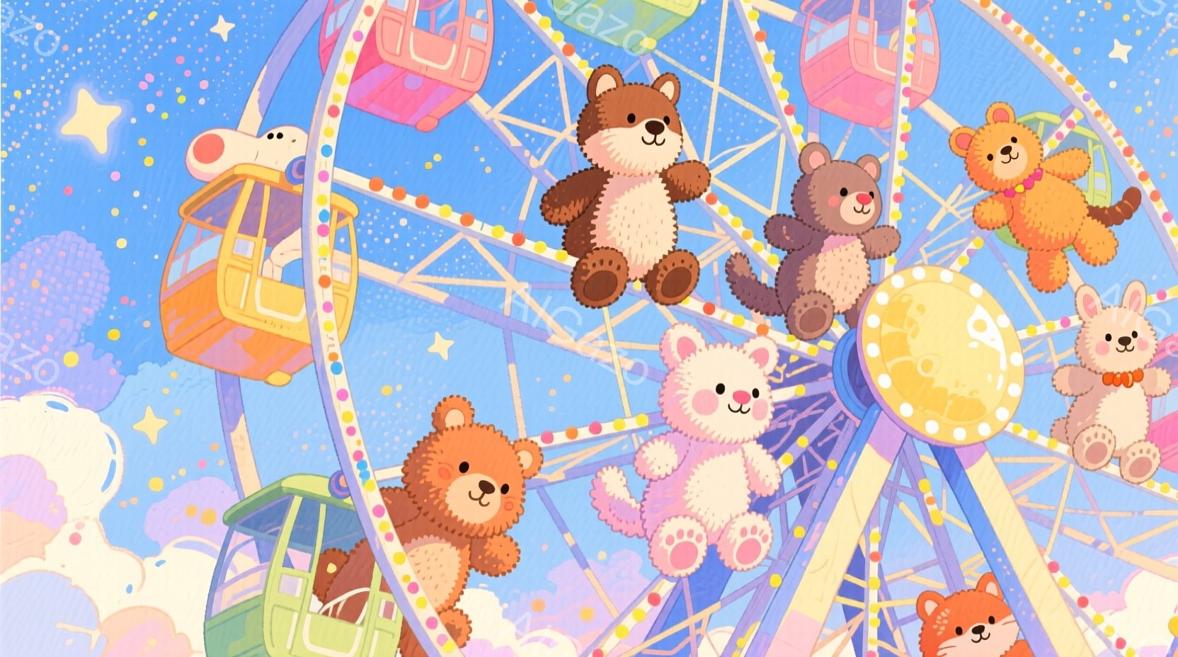 カラフルな観覧車に、様々な色のテディベアたちが乗っています。テディベアたちは皆笑顔で、可愛らしい服装をしています。背景はパステルカラーの雲と空で、全体的に明るく、夢のような雰囲気が漂っています。 - AI生成フリー素材