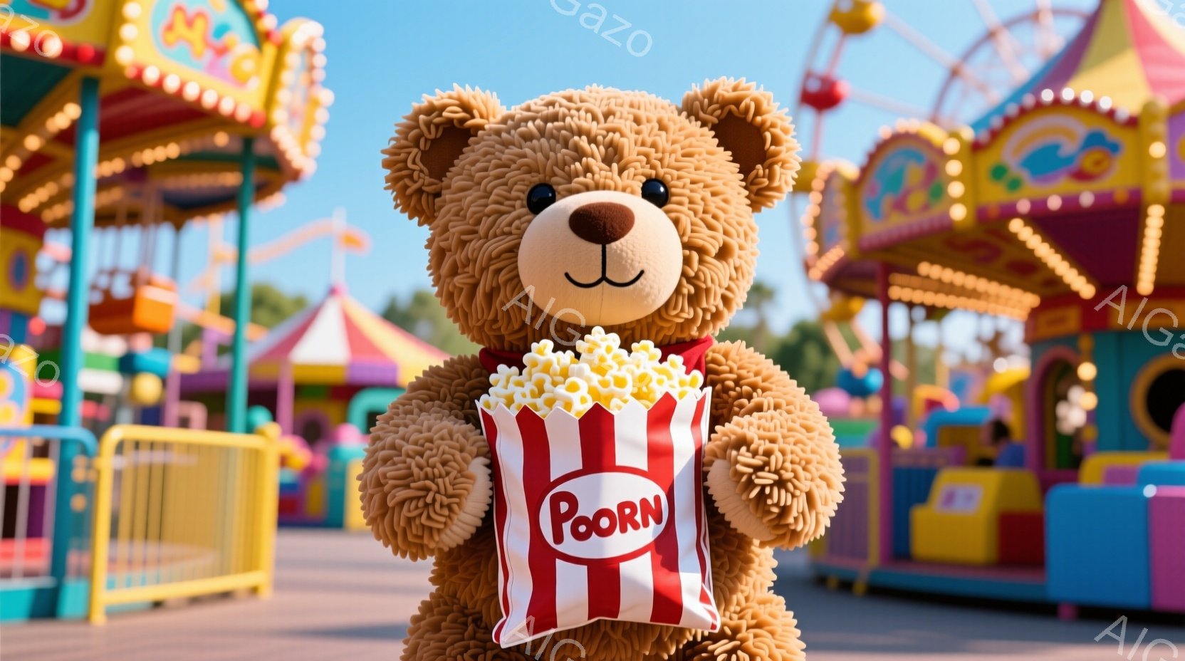 茶色のふわふわしたテディベアが、赤いストライプとポップコーンのイラストが描かれた袋を抱えています。背景には遊園地の乗り物やカラフルな建物が見え、晴れた空の下、楽しげな雰囲気が漂っています。テディベアは正面を向き、可愛らしい表情でポップコーンを抱え、遊園地での楽しい一日の様子を表しています。
