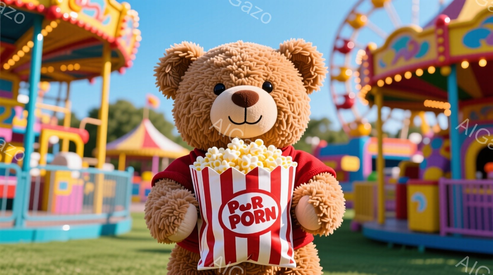 ふわふわの茶色のテディベアが赤いストライプのポップコーンの容器を手に持っており、満面の笑みを浮かべています。背景には、カラフルな遊園地の乗り物やテントが見え、晴天で明るい日中の様子が伺えます。全体的に、楽しくて遊び心のある雰囲気です。