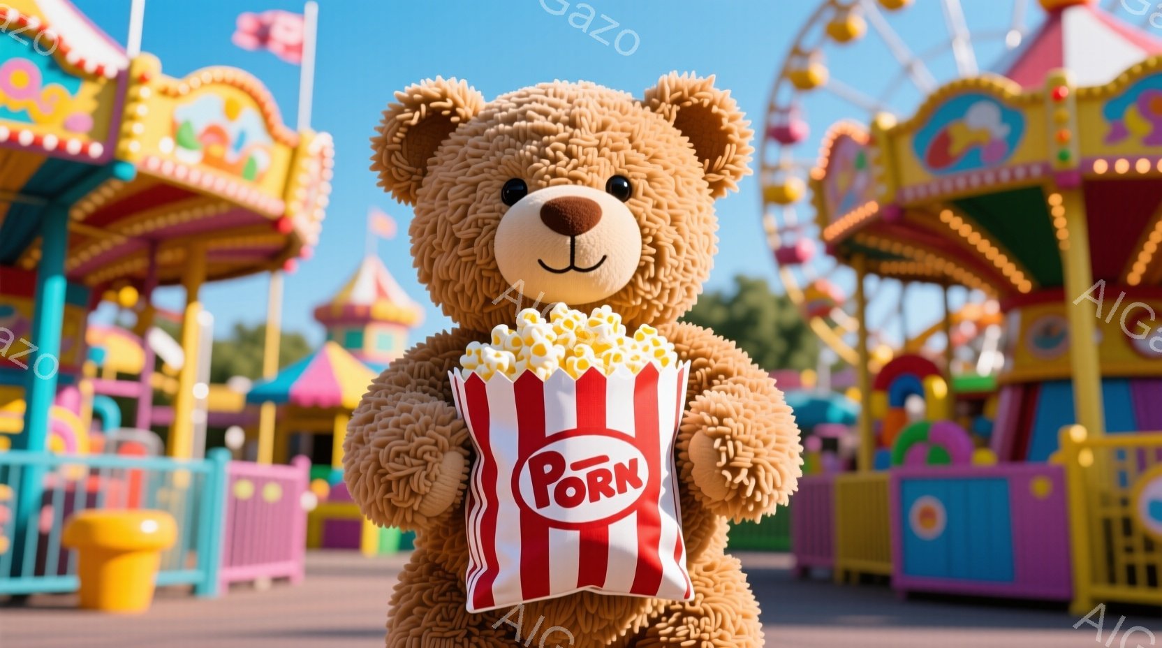 大きな茶色のテディベアが、赤い縞模様のポップコーンの袋を抱えています。背景には、カラフルな遊園地の乗り物や建物が広がり、晴れた空の下、活気のある雰囲気が漂っています。テディベアは正面を向き、わずかに微笑んでいるように見え、楽しげな一日を過ごしているようです。