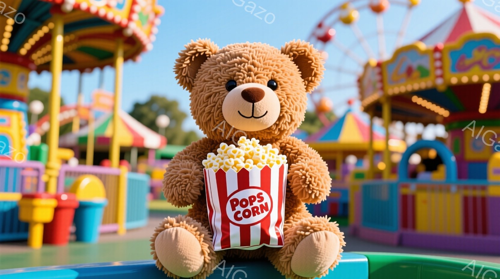 ふわふわの茶色のテディベアが、赤いストライプの「POPS CORN」と書かれた容器に入ったポップコーンを抱えています。背景には、カラフルな遊園地の乗り物や建物がぼやけて見え、晴れた日の賑やかな雰囲気が伝わってきます。テディベアは座って、楽しそうな表情でポップコーンを見つめています。