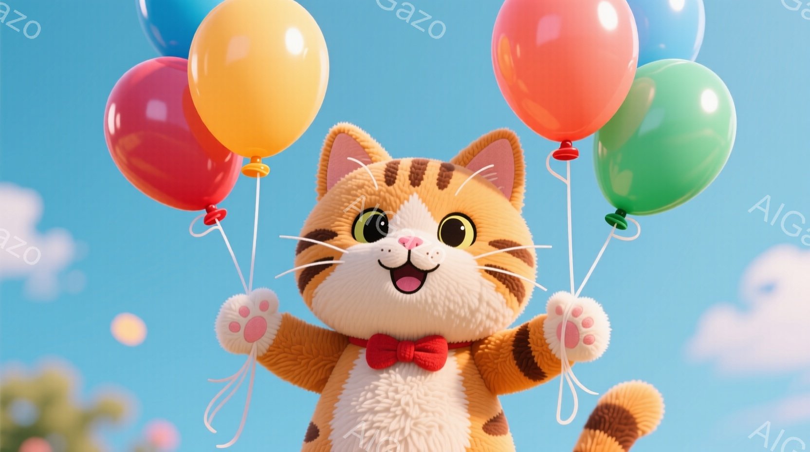 明るいオレンジ色の縞模様の猫が、たくさんの色とりどりの風船を持って嬉しそうに立っています。赤い蝶ネクタイを身に着け、笑顔で前足を上げています。背景は青空と白い雲で、穏やかで楽しい雰囲気を醸し出していま - AI生成フリー素材