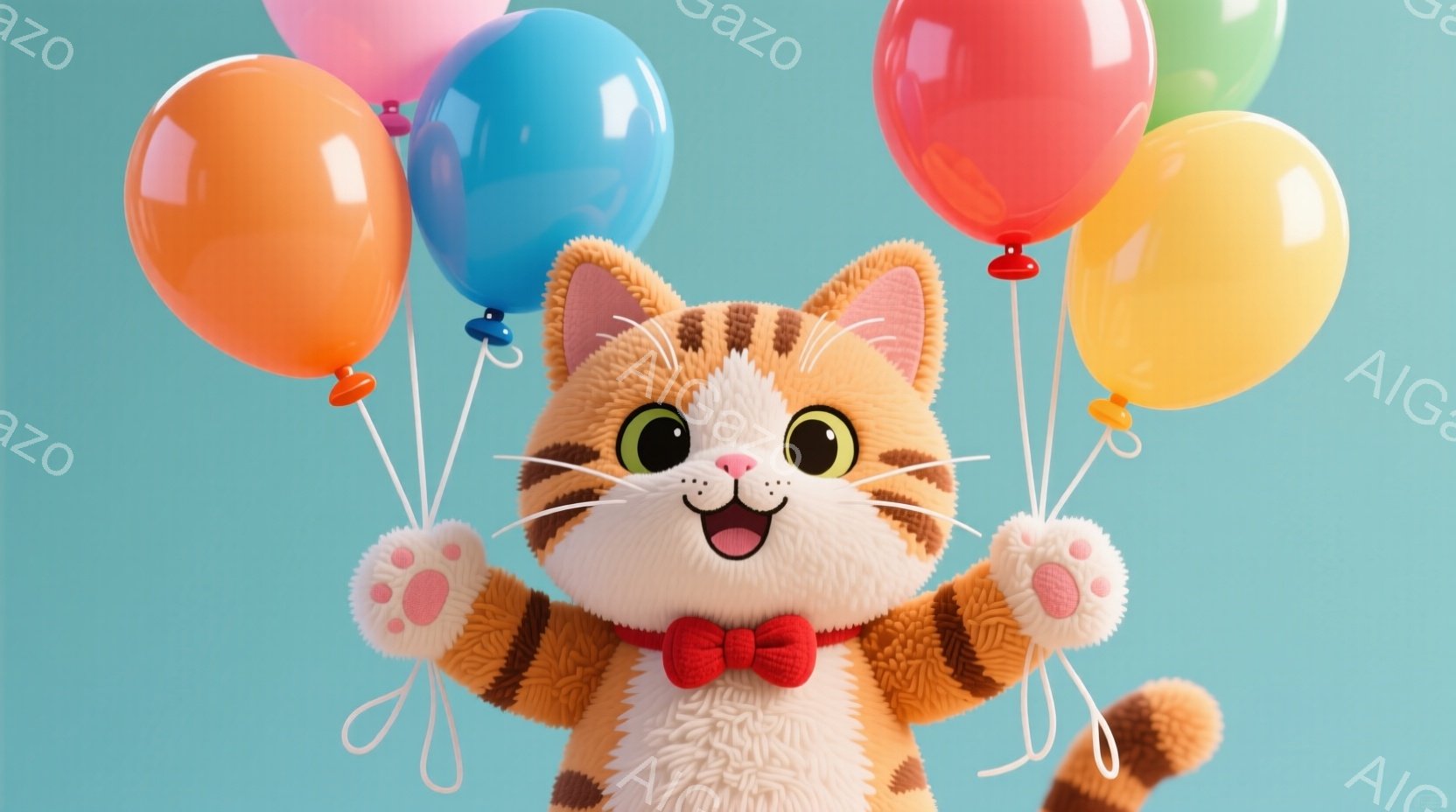 鮮やかなオレンジと白の縞模様の猫が、赤い蝶ネクタイをつけ、両手にカラフルな風船を持って空を見上げています。猫は喜びにあふれた表情で、まるで誕生日やパーティーを祝っているかのようです。背景は水色の単色で、猫が風船を持って笑顔を浮かべている様子が際立っています。