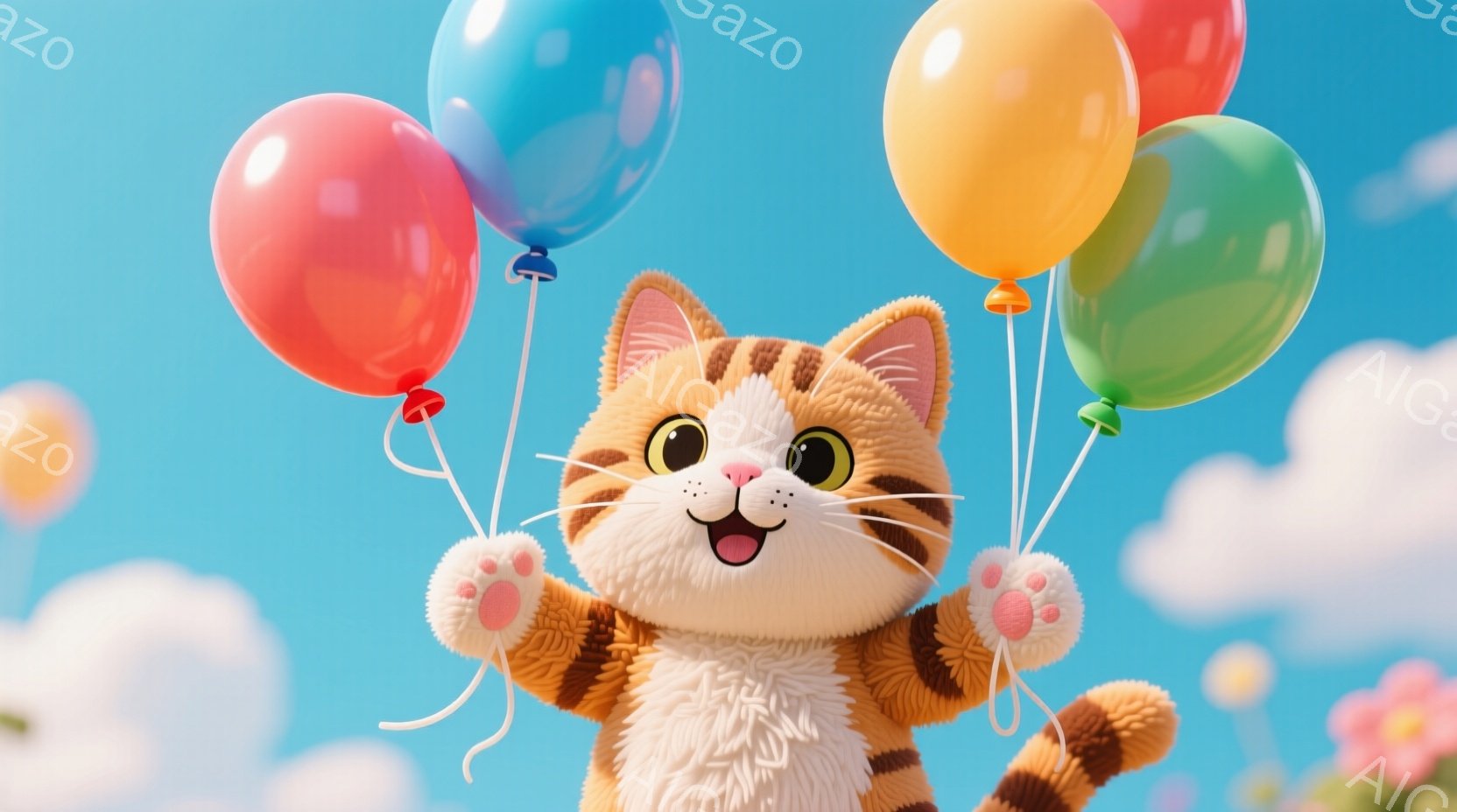 明るい青空を背景に、オレンジと白の縞模様の猫が浮かんでいるように見えます。猫は両手を高く上げて、赤、青、黄、緑の風船を握り、嬉しそうな笑顔を浮かべています。背景には白い雲と、ぼんやりと見える花が咲く緑 - AI生成フリー素材