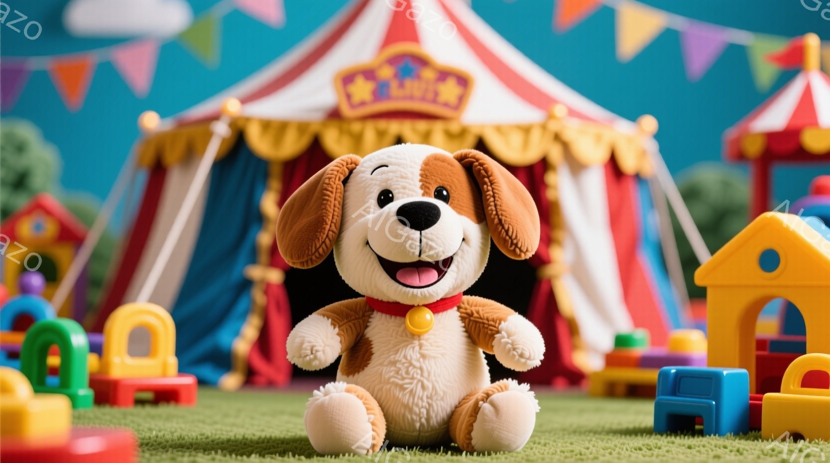 明るい緑色の芝生の上に、愛らしい茶色と白の毛並みの犬のぬいぐるみがあります。赤い首輪をつけており、大きく口を開けて楽しそうに微笑んでいます。背景には、カラフルなプラスチック製の建物や遊具、そして赤と白のストライプ模様のサーカステントが見え、お祭りや遊園地の楽しい雰囲気を醸し出しています。