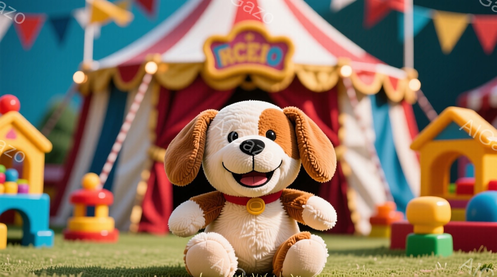 明るい緑の芝生の上に、茶色と白の毛並みを持つ、愛らしい犬のぬいぐるみがあります。 ぬいぐるみは赤い首輪を身につけ、口を開けて楽しそうに微笑んでいます。 背景には、カラフルな遊具や、赤と白のストライプの - AI生成フリー素材