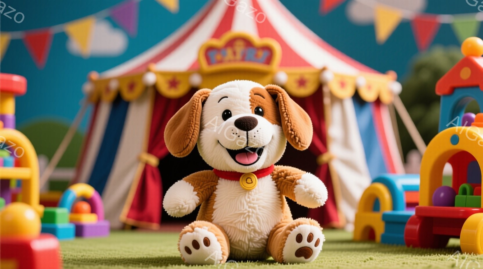 ぬいぐるみ犬が芝生の上に座っており、赤い首輪をつけている。背景にはカラフルなサーカステントと、子供用のおもちゃ、積み木、滑り台がある。全体的に明るく、遊び心のある、楽しい雰囲気が漂っている。