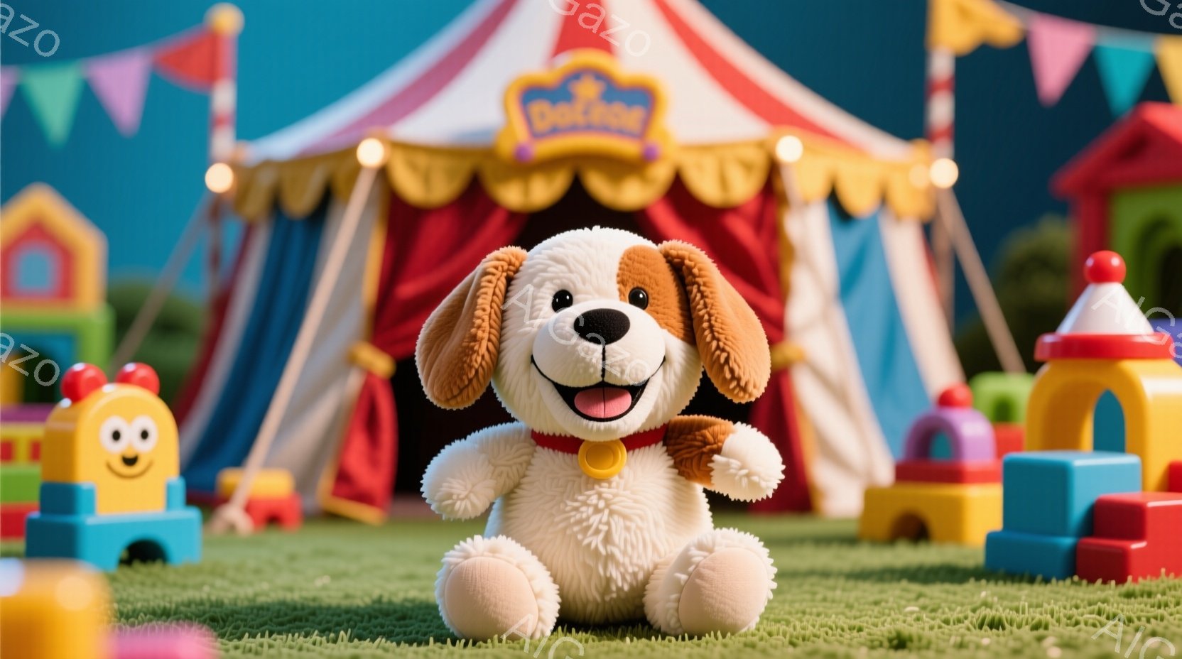 白を基調としたふわふわの犬のぬいぐるみは、赤い首輪をつけて緑の芝生の上に座っています。背景には、カラフルなブロックのおもちゃと、赤と白のストライプのテントが広がっており、おもちゃのような明るく楽しい雰囲気を作り出しています。全体的に、子供向けの遊び心あふれる世界観を表現しています。