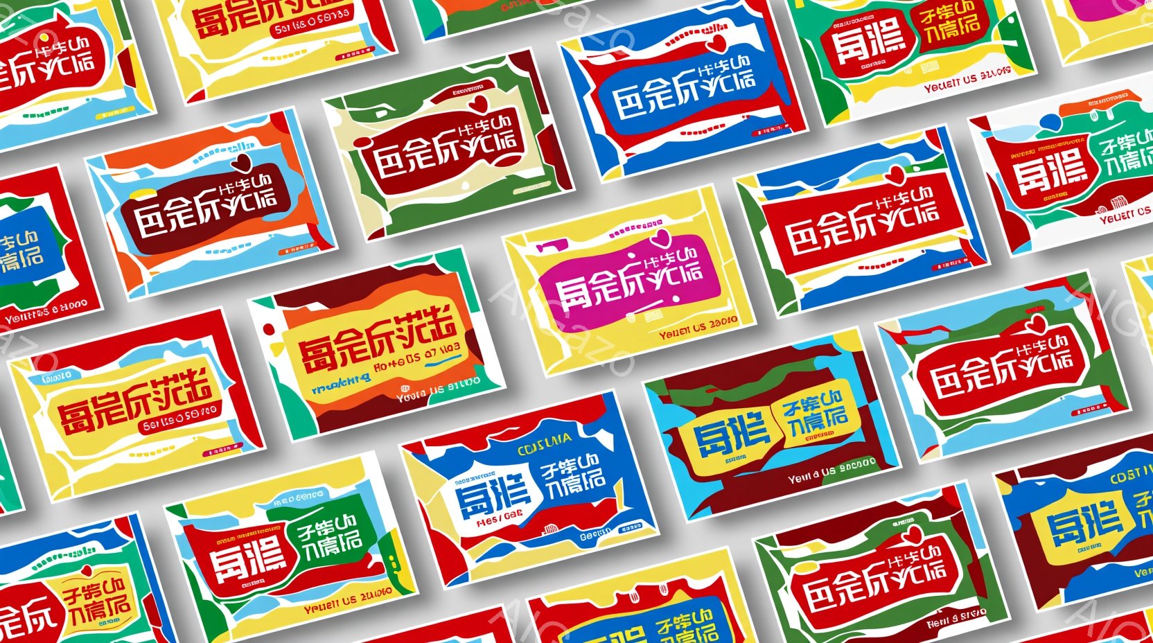 カラフルなイラストが描かれた長方形のカードが、互いに重なり合って配置されたものです。各カードには、鮮やかな色使いで人物やオブジェクトが描かれ、日本語のテキストが含まれています。全体として、ポップで活気のある、現代的なデザインの印象を受けます。