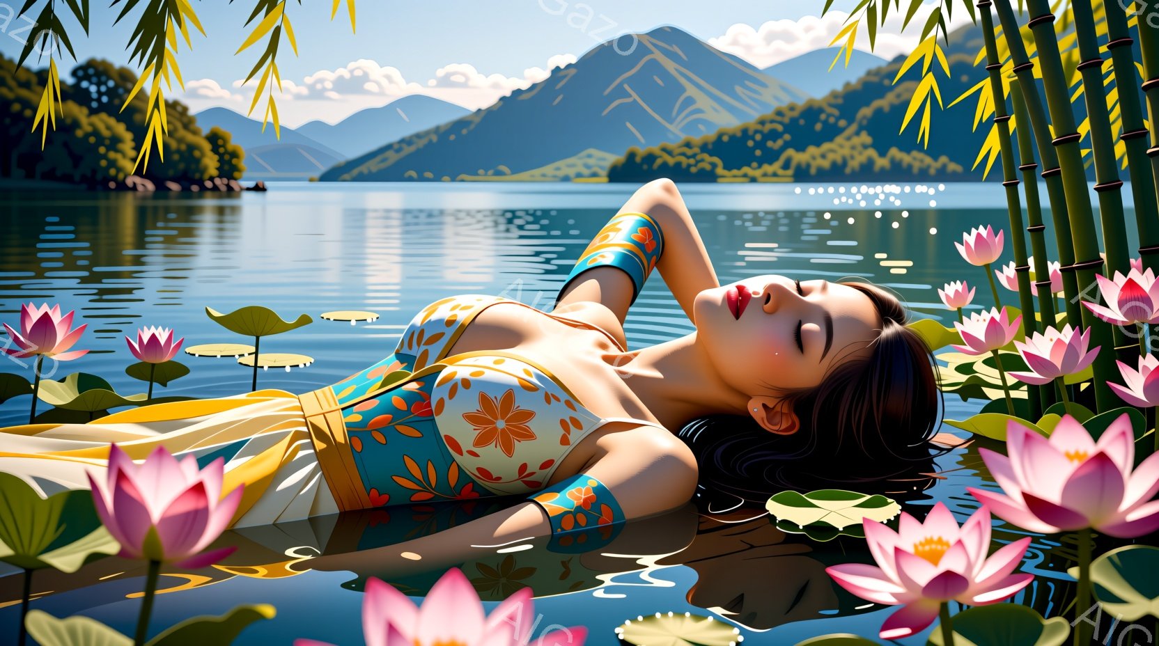 水面に咲く蓮の花に囲まれ、女性がゆったりと横たわっています。彼女は鮮やかなブルーとオレンジの花柄のビキニのような衣装を身につけ、髪は後ろでまとめています。背景には穏やかな湖と緑豊かな山々が広がり、平和で穏やかな雰囲気を醸し出しています。