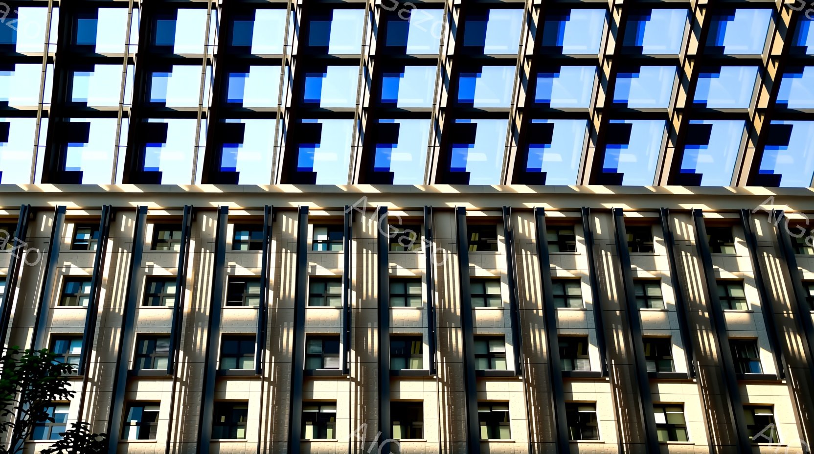 建物の外部を撮影したものです。その建物は大きな窓が特徴的で、日光による遮断と通過を示すシャディウムグラスが使用されています。背景には他の建物や樹木があり、天気は晴れであり、雰囲気は活気に富んでいるようです。写真を撮影した人は画像からは見つけることができません。