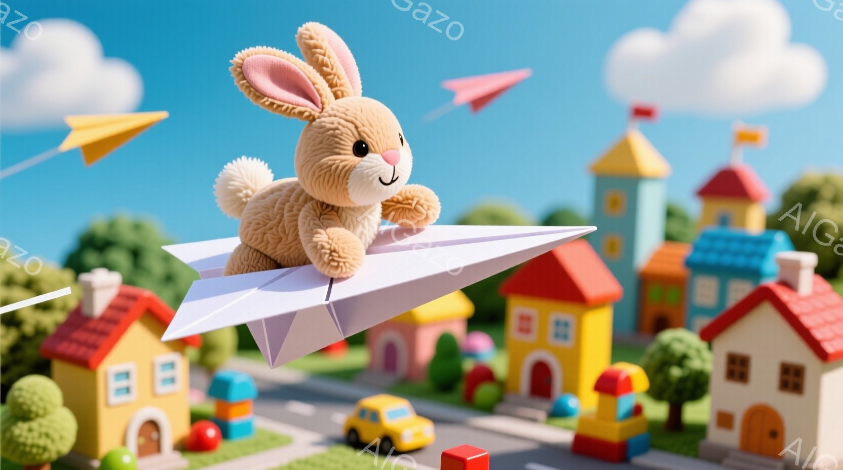 ふわふわの茶色のうさぎのぬいぐるみは、紙で作られた飛行機に乗って空を飛んでいます。背景にはカラフルなブロックで作られた家々が並び、黄色い車や緑の茂みが点在する可愛らしい街並みが広がっています。青い空に白い雲が浮かび、全体的に明るく楽しい雰囲気が漂っています。