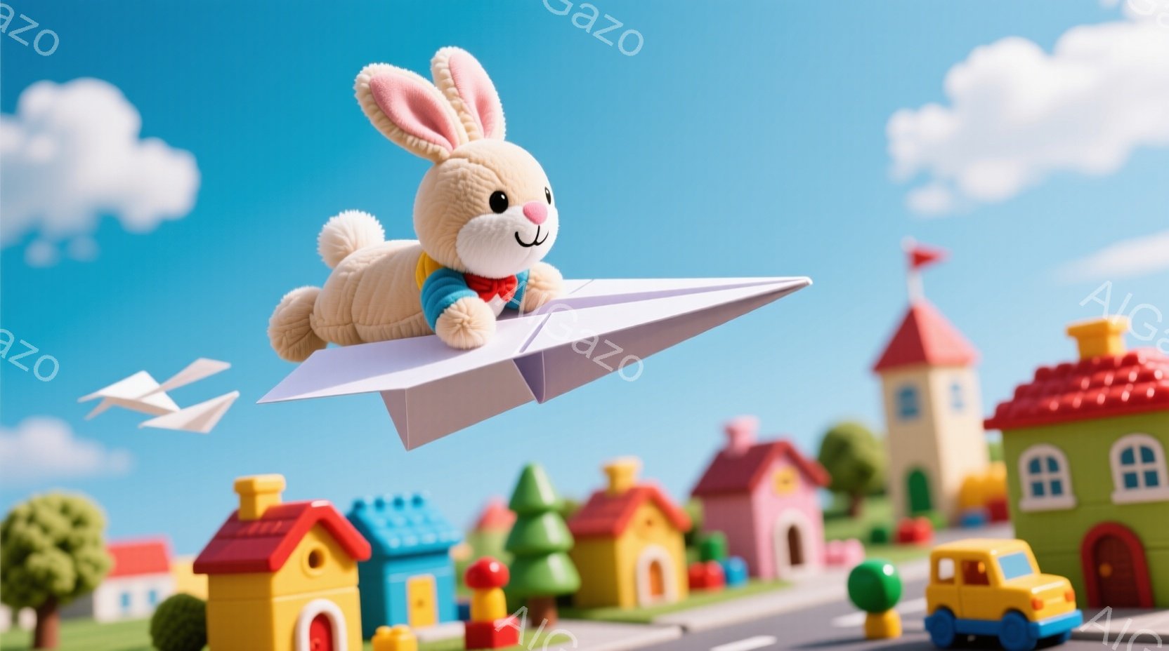 白いウサギのぬいぐるみは、紙で作られた飛行機に乗って空を飛んでいます。背景にはカラフルな家々が並び、道路には黄色い車が走っていて、晴れた青空が広がっています。全体的に、遊び心があり、明るく楽しい雰囲気 - AI生成フリー素材
