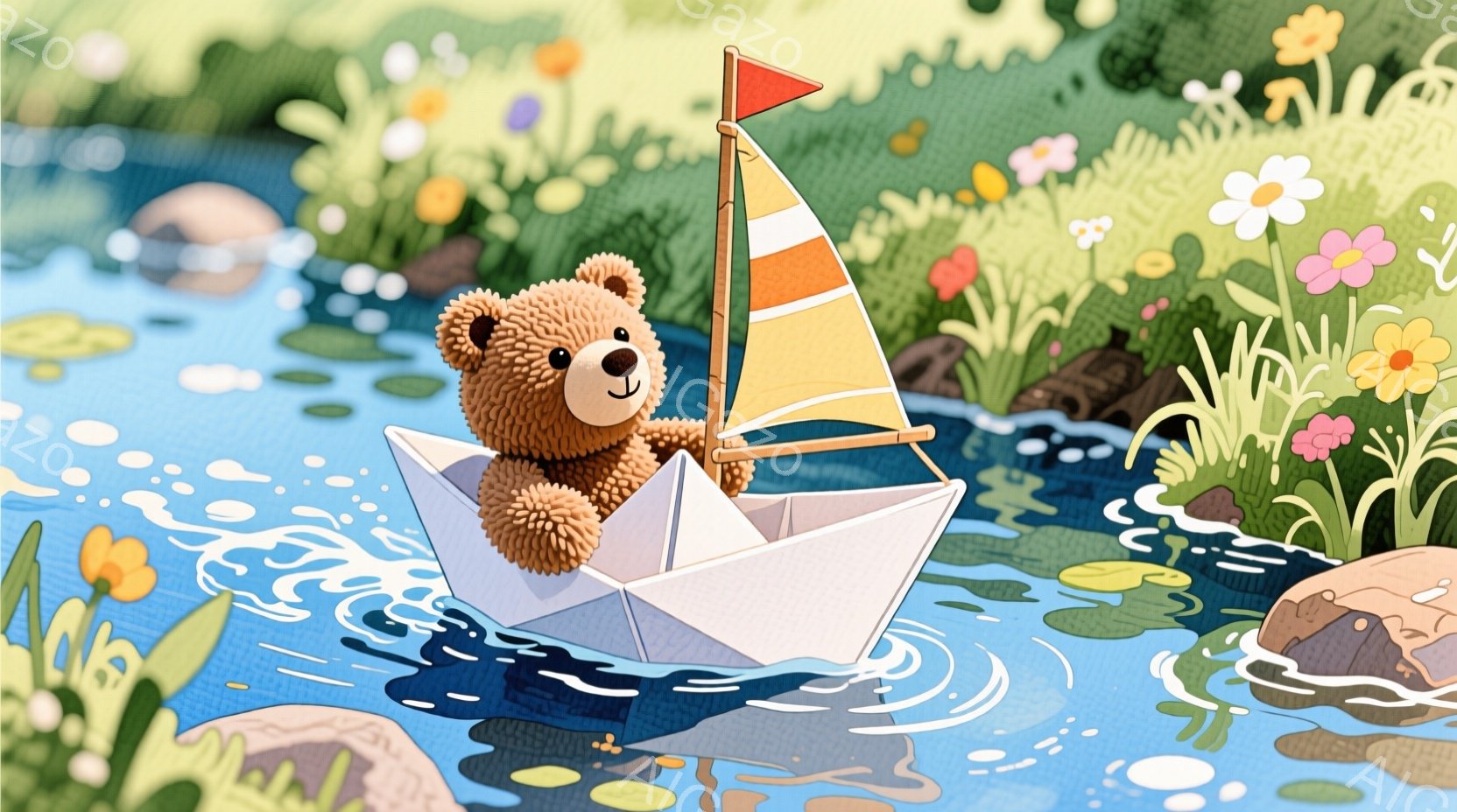 ぬいぐるみのような茶色の熊が、紙で作られたボートに乗って水面を航行しています。背景には緑豊かな植物や色とりどりの花々が咲き誇り、水面にはボートの航行によって波紋が広がっています。全体的に穏やかで暖かい雰囲気であり、子供向けの絵本の一場面のようです。