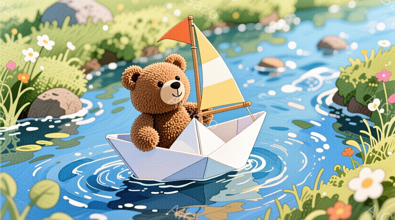 イラストレーション：小さな、赤いベアが、手の中に持つ風車を操作し、小さなボートに乗り着水中で、自信と喜びを表現。草木や花が周囲にある。晴れた日。