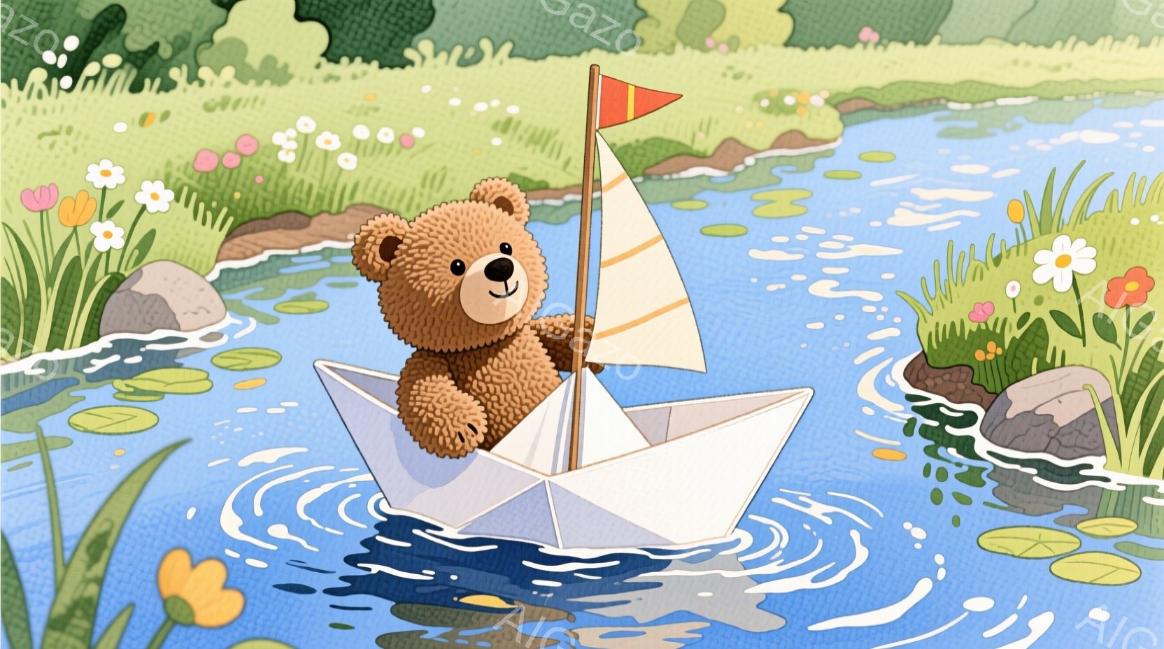 小さなテディベアが紙製のボートに乗って水面を漂っている。ボートには白い帆が立てられ、先端には小さな赤い旗が翻っている。背景には緑豊かな草地、色とりどりの花々、そして水辺の岩が描かれ、穏やかで心地よい雰囲気を醸し出している。