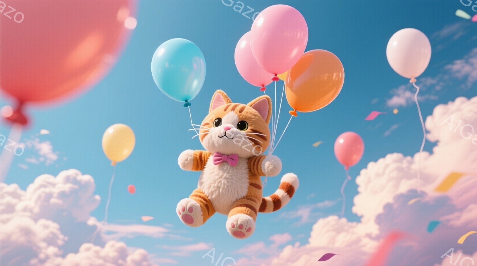 鮮やかな青空を背景に、オレンジ色の縞模様の猫が風船に吊り下げて空を飛んでいます。猫は小さな蝶ネクタイを付けており、幸せそうな表情をしています。周りには、ピンク、オレンジ、水色の風船やキラキラした紙吹雪 - AI生成フリー素材