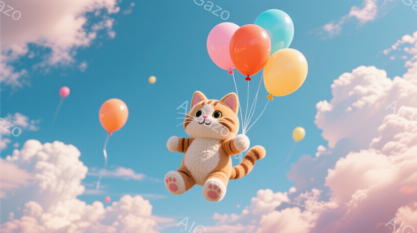 ふわふわの茶色の猫が、色とりどりの風船に抱かれ、空を漂っている。猫は穏やかな笑顔で、リラックスした姿勢で風船につかまっている。背景は、淡いピンクと青の雲が広がり、まるで夢の中のような幻想的な雰囲気である。