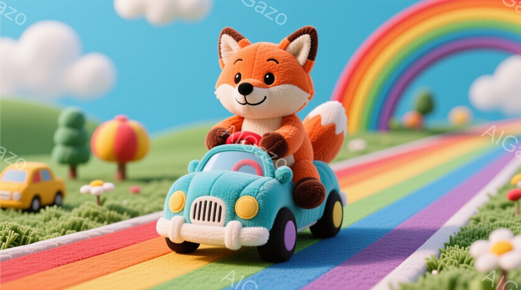 明るい青色の車を運転するオレンジ色のキツネが描かれています。キツネは笑顔で、ピンク色の服を着ています。背景には虹、緑の芝生、そして可愛らしいミニチュアの木々があり、全体的にカラフルで楽しい雰囲気が漂っています。