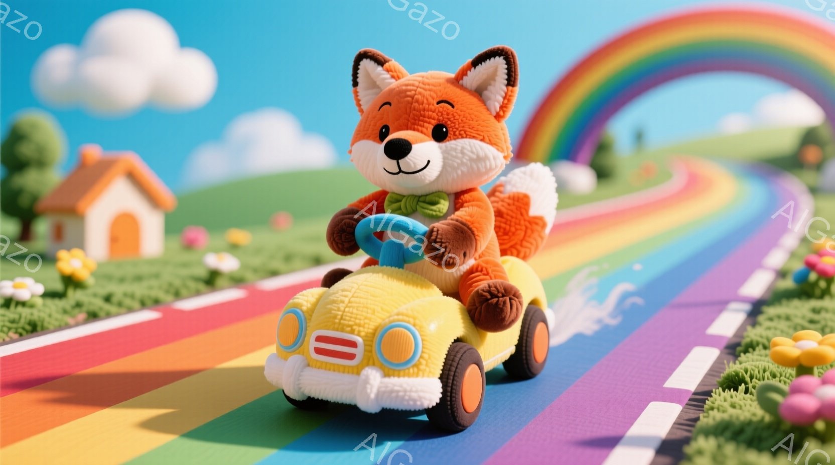 鮮やかな色彩のイラストで、オレンジ色のキツネが黄色い車を運転しています。キツネは蝶ネクタイをつけており、前方をまっすぐ見つめ、楽しそうな表情をしています。背景には虹、緑の丘、可愛らしい家があり、晴れた空とカラフルな道が、明るく陽気な雰囲気を醸し出しています。