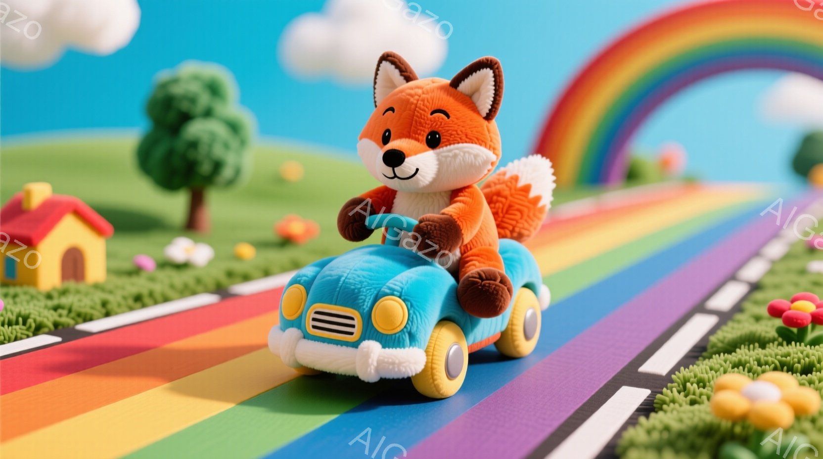 オレンジ色の狐が青い車を運転しており、楽しそうな表情をしています。背景には虹、緑の芝生、カラフルな道、そして可愛らしい家々が描かれており、まるで子供の絵本のような温かい雰囲気です。全体的に明るく、幸せな気持ちになるような可愛らしいイラストレーションです。
