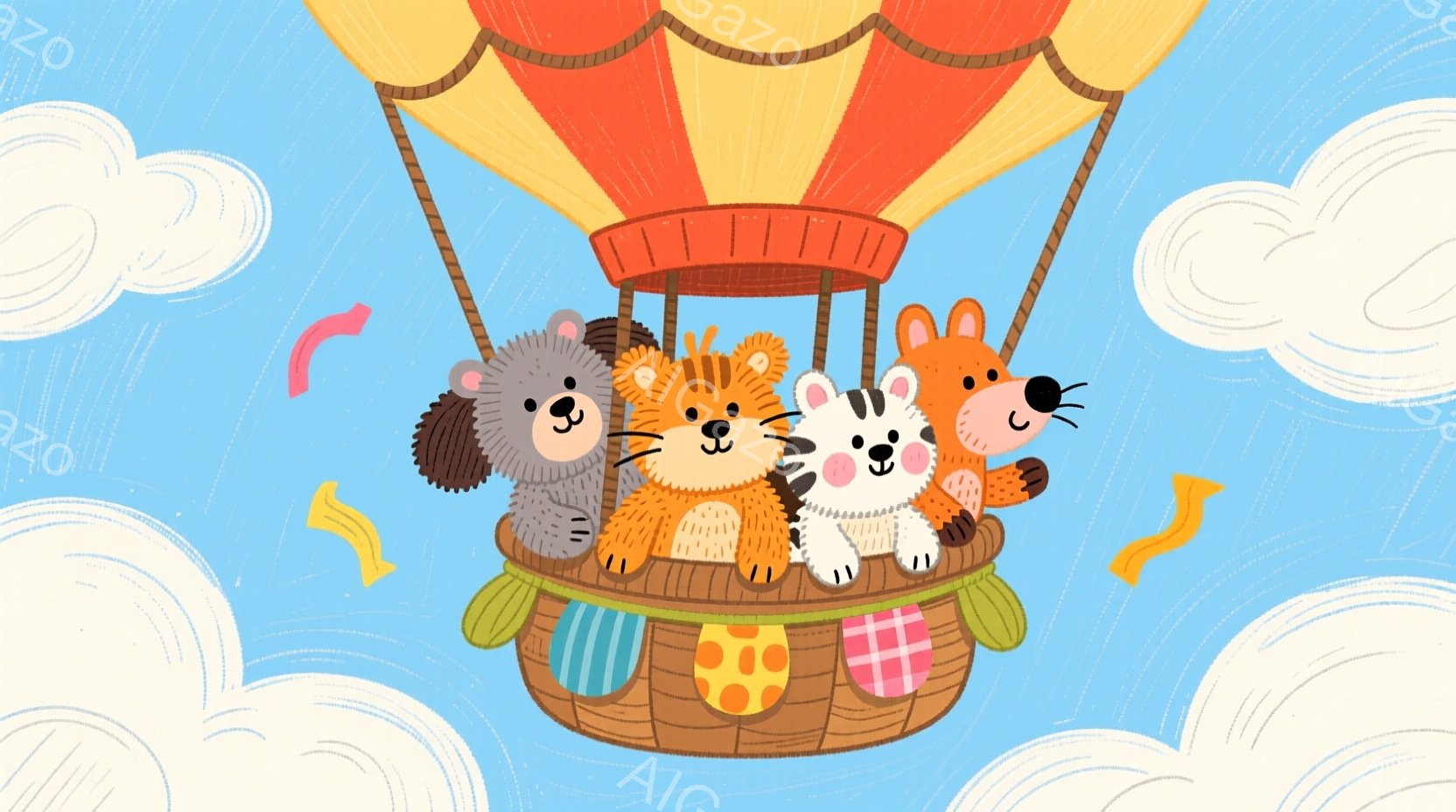 カラフルな熱気球の中に、様々な動物たちが笑顔で座っています。熱気球の籠は、ストライプやチェック柄の布で飾られ、明るく楽しい雰囲気を醸し出しています。空にはふわふわとした雲が浮かび、晴れた日の遊覧飛行を楽しむ様子が伝わってきます。