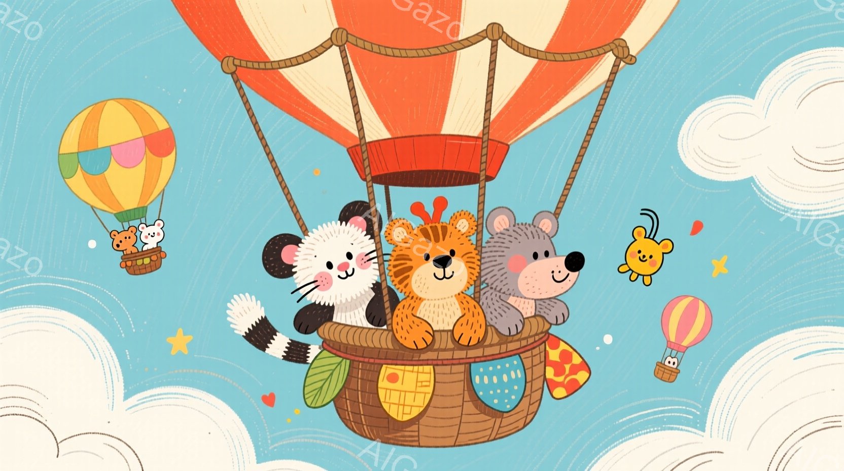 カラフルな風船に乗った動物たちのイラストです。ラッコ、ライオン、ハリネズミ、そして別の小さなラッコがバスケットの中で笑顔で座り、明るく楽しい雰囲気を醸し出しています。背景は淡い青色の空と雲で、星やハートの形をした装飾が散りばめられ、夢のような雰囲気を添えています。
