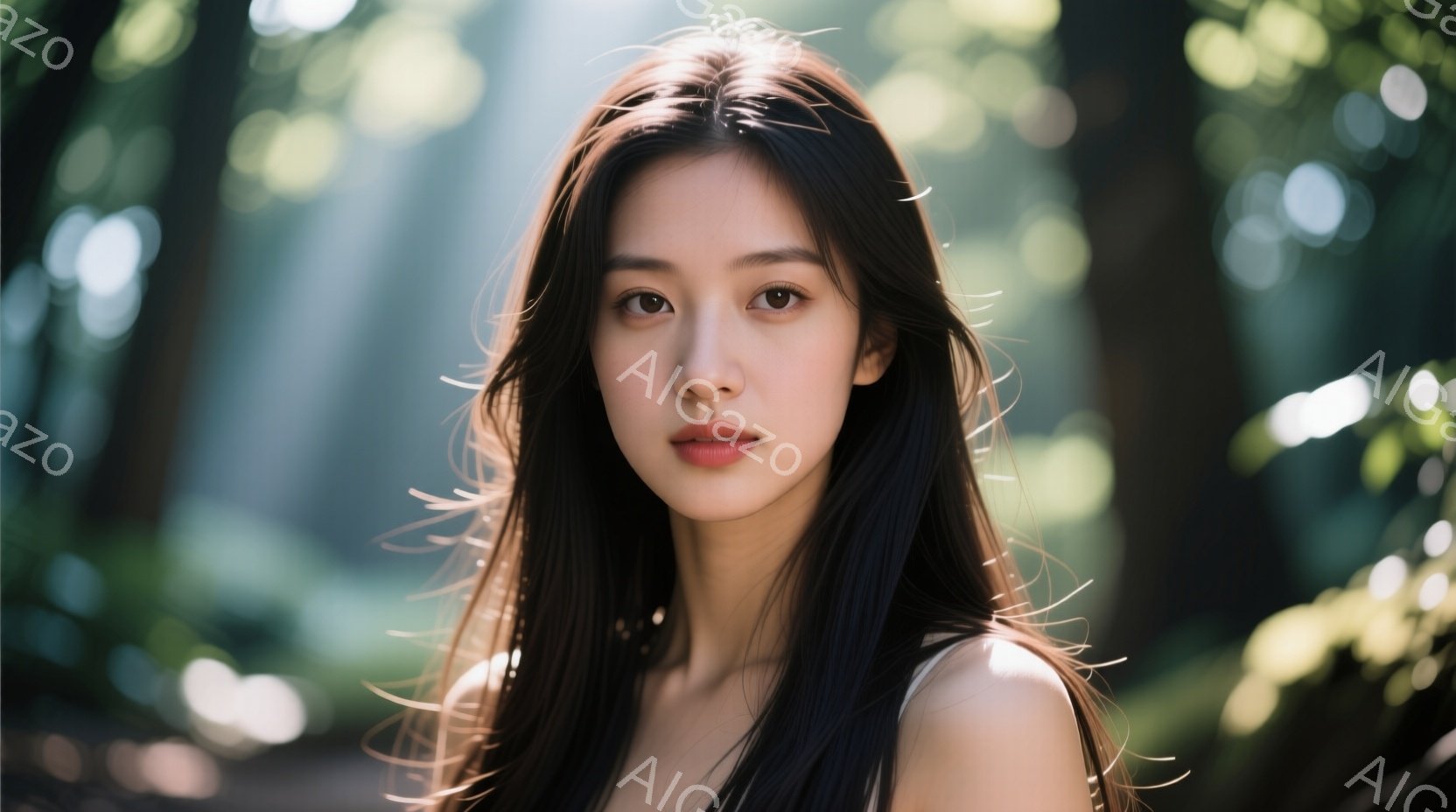 長い黒髪をセンターパートにした若い女性が写っている。彼女は白い肩出しのトップスを着ており、穏やかな表情で正面を見つめている。背景には緑豊かな木々があり、太陽光が差し込み、幻想的な雰囲気を醸し出している。