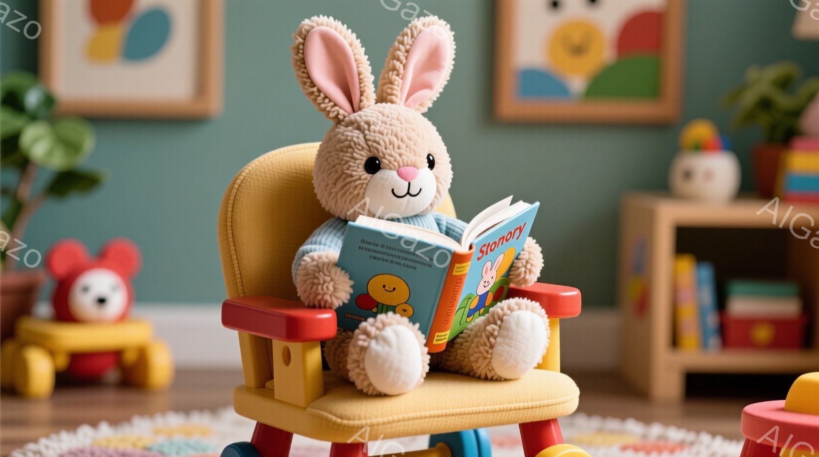 ふわふわの茶色のうさぎのぬいぐるみは、小さな赤い椅子に座って本を読んでいます。背景には、カラフルな積み木やその他の子供のおもちゃが配置され、明るい色彩が目に飛び込んできます。全体的に、温かく、穏やかで、遊び心のある雰囲気です。