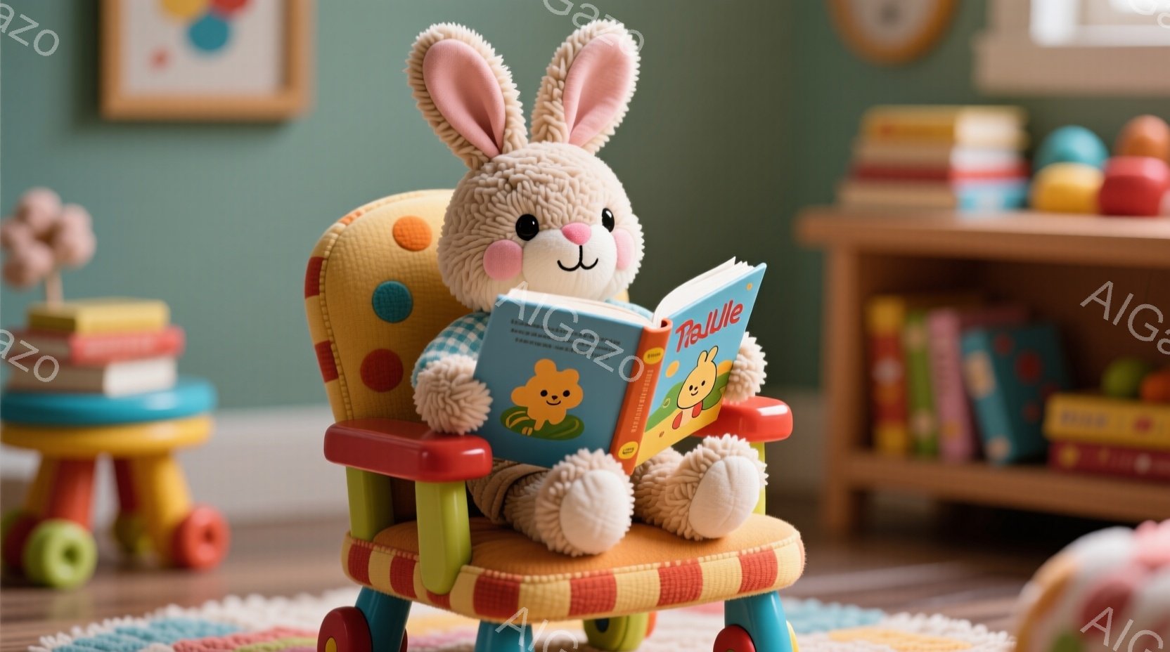 小さな椅子に座って本を読んでいる可愛らしいウサギのぬいぐるみを示しています。ウサギはピンクの耳と明るい目をしており、優しい表情を浮かべています。背景には、カラフルな積み木や絵画があり、暖かく遊び心のあ - AI生成フリー素材