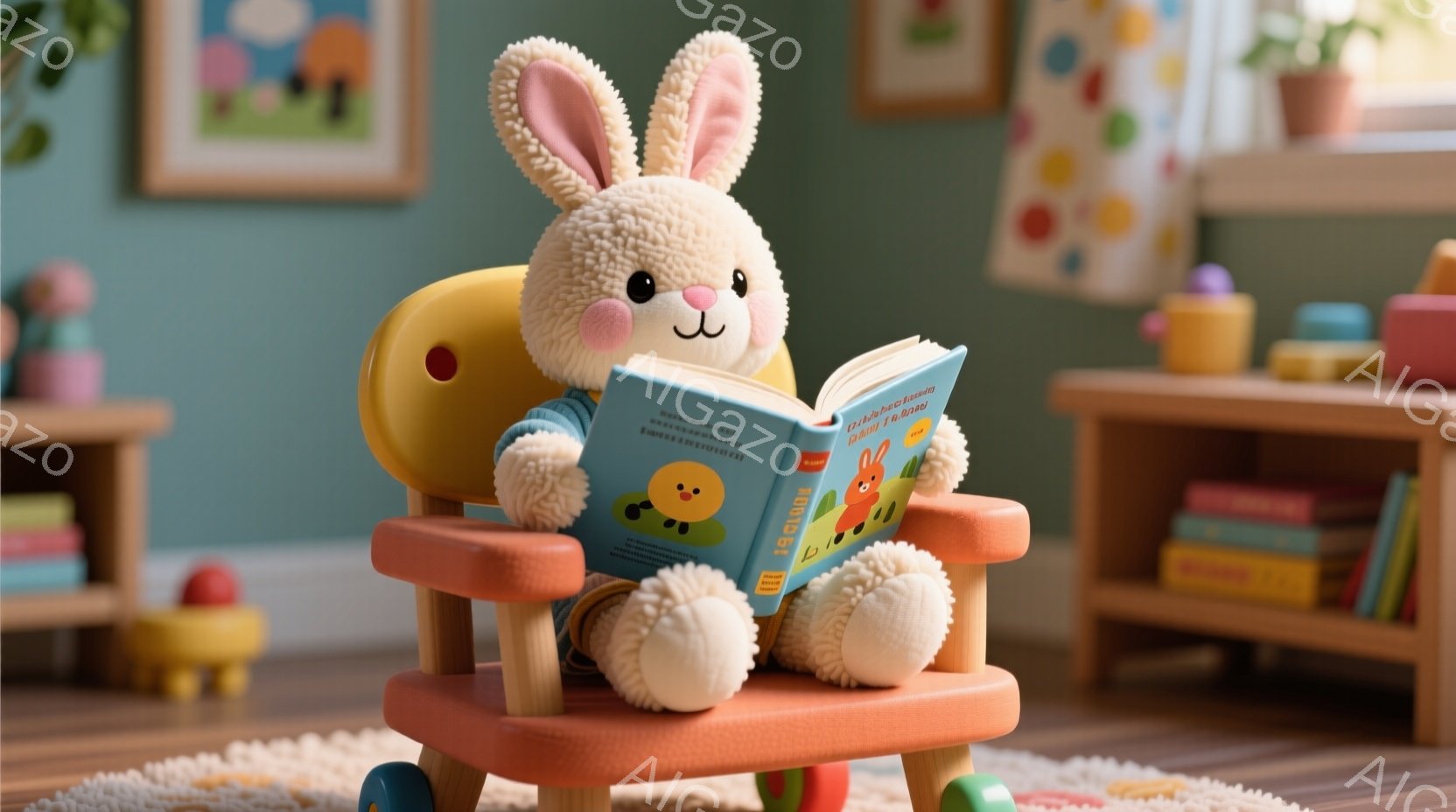 ふわふわの白いウサギのぬいぐるみは、小さなオレンジ色の椅子に座って本を読んでいます。背景には、カラフルな積み木や本棚があり、明るく遊び心のある子供部屋の雰囲気が漂っています。ウサギは穏やかな表情で、リラックスした姿勢で読書を楽しんでいるようです。