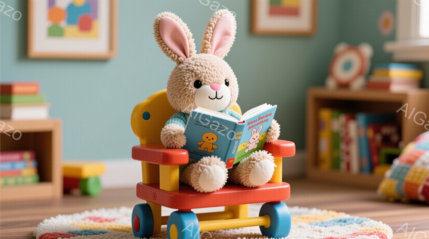 明るい色のプレイマットの上に、赤い椅子に座ったふわふわのうさぎのぬいぐるみがあります。うさぎは本を読んでおり、表情は穏やかで、リラックスした雰囲気です。背景には、カラフルなブロックや他の玩具が見え、子供部屋の暖かい雰囲気を醸し出しています。