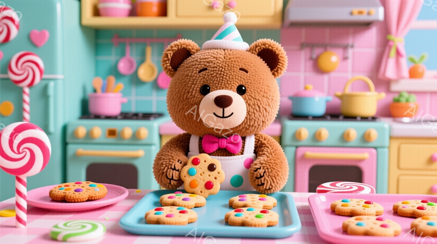 ぬいぐるみのような茶色のクマが、エプロンとピンクのリボンで飾られています。クマはピンク色のトレイの上に並んだクッキーを持っており、楽しそうにクッキーを手に持っています。背景にはピンクと水色のキッチンがあり、キャンディや鍋などが置かれ、お菓子作りがテーマの可愛らしい雰囲気です。