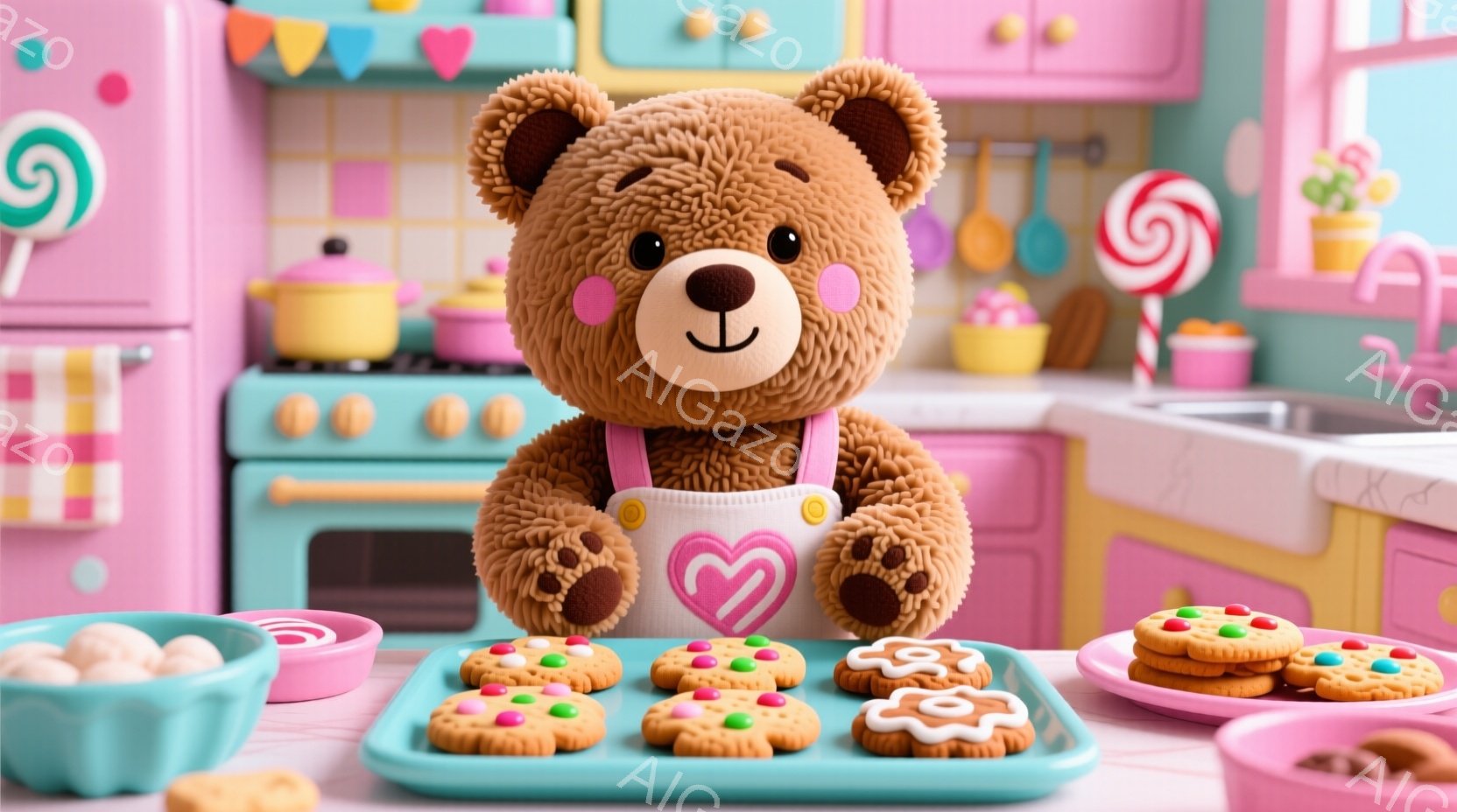 CG技術を使用した画像です。中央には、お茶目の髪型で糸襦袢を着た大きな焼きたい人形があります。その人形はパーティーフィンガーとマルチコローリングパンツを身に着けており、照鏡の前で焼きたい人形対面に手を伸ばしています。周囲は甘い色調のパーティーシーンであり、そこにはピンクとロザリーのフラペチーノ、アイスクリーム、カップケーキなどのデコレーションが散らばっています。