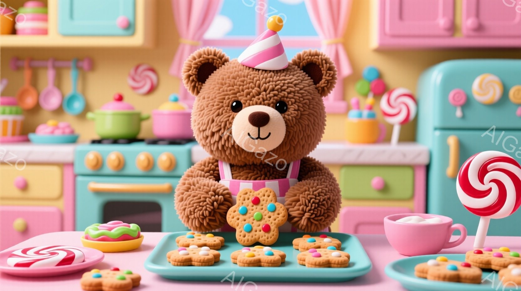 茶色のテディベアがエプロンと誕生日帽子を身につけ、クッキーを盛り付けたトレイを正面に向けて持っています。背景にはパステルカラーのキッチンがあり、キャンディーやケーキが置かれたテーブルが可愛らしい雰囲気を醸し出しています。全体的に温かく、お祝いムードに満ちた、遊び心のあるイメージです。