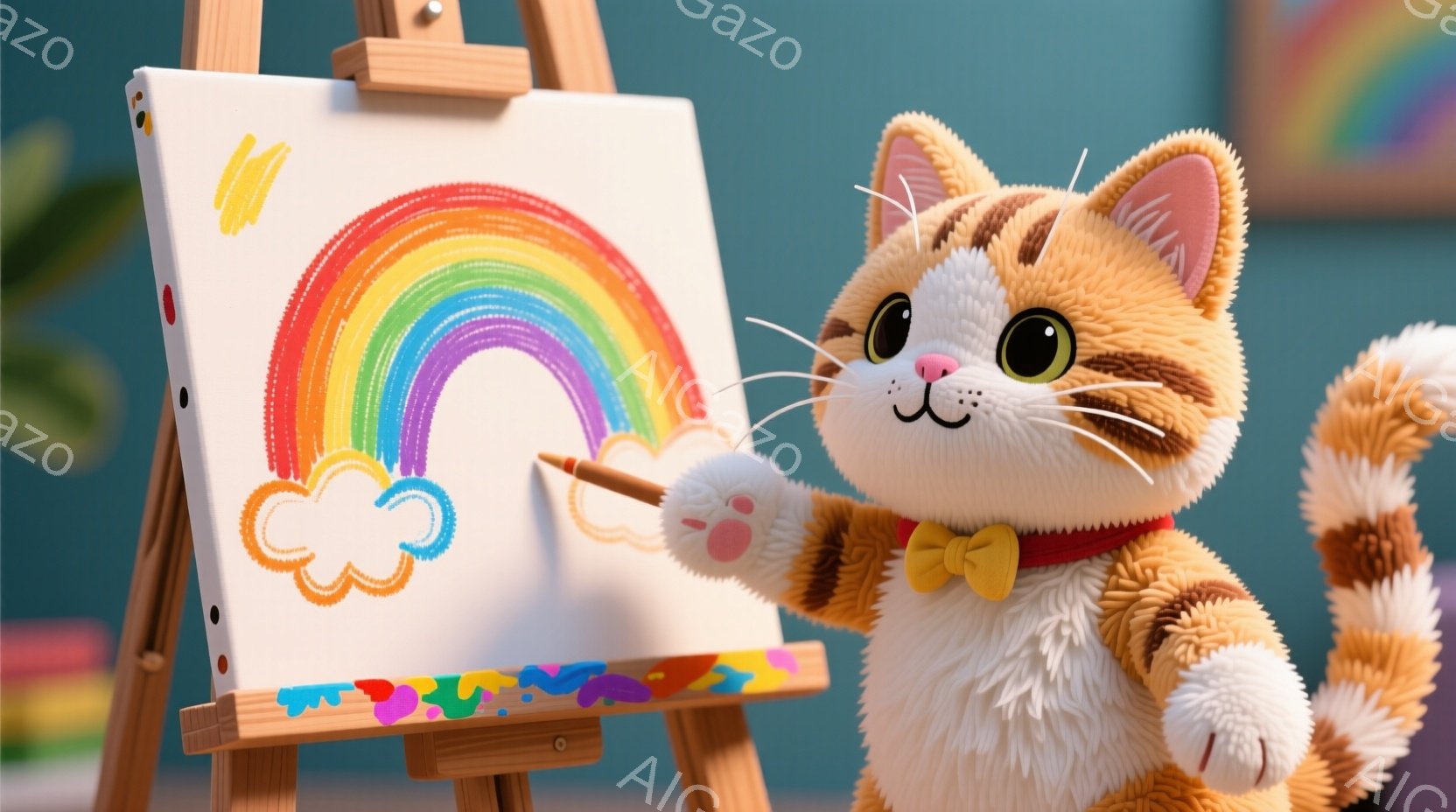 明るいオレンジ色の縞模様の猫が、キャンバスに向かって虹を描いています。赤いリボンと黄色い蝶ネクタイを身に着け、片方の前足で絵筆を持ち、もう片方の前足は少し上げています。背景には絵の具のパレットとイーゼルがあり、全体的に温かく、創造的な雰囲気が漂っています。