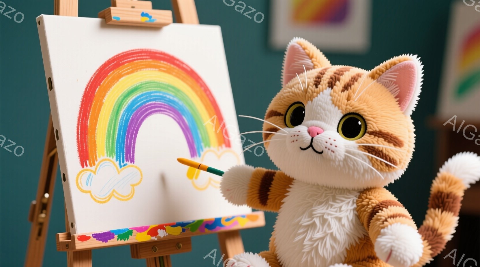 オレンジ色のふわふわした猫のぬいぐるみは、キャンバスの前に立って絵を描いています。虹と雲が描かれたキャンバスの前に、パレットと絵筆を持った猫は微笑んでおり、背景には他の絵画が飾られています。全体的に、温かく遊び心のある雰囲気です。