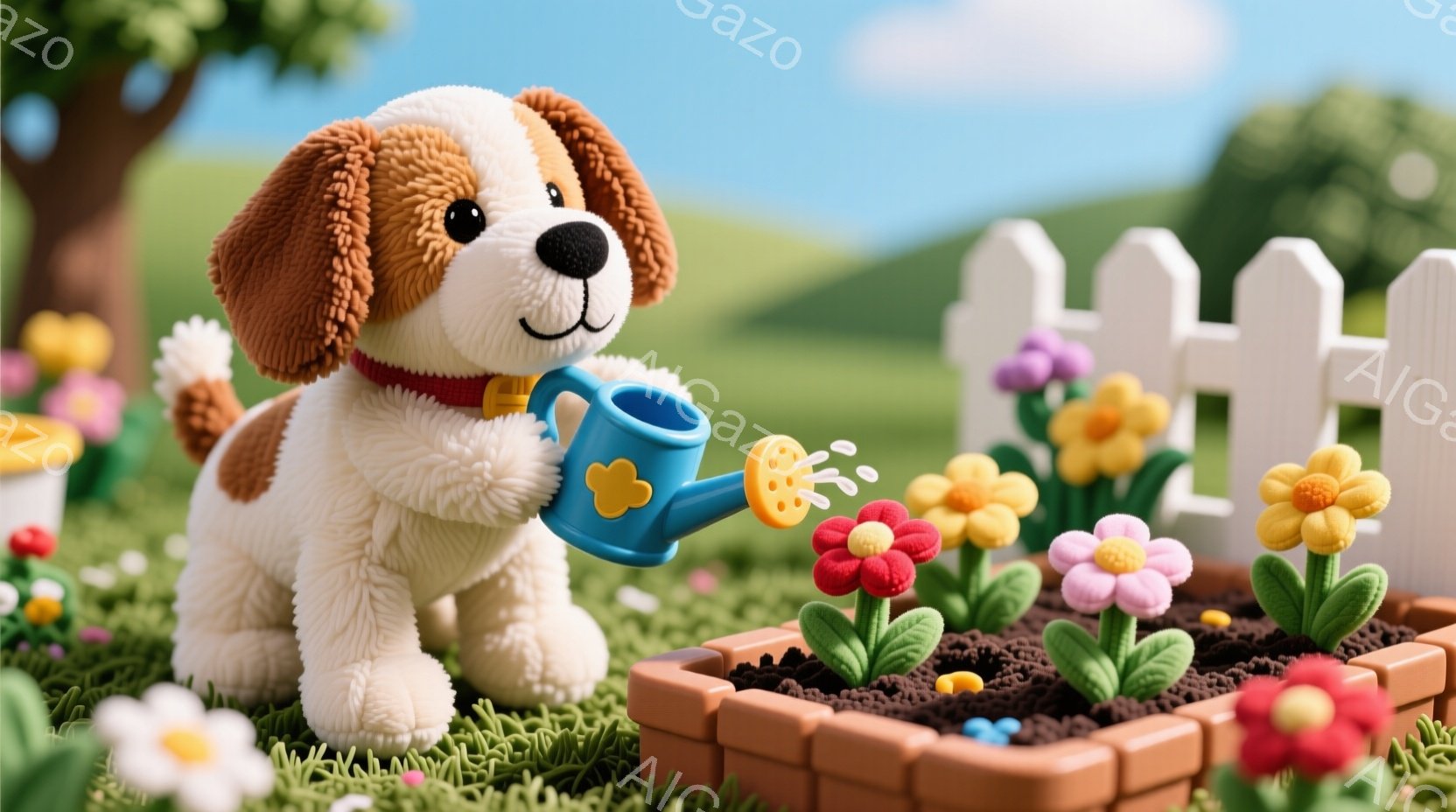 白と茶色の毛並みを持つ犬が、小さな花壇に水をやっています。赤い首輪をつけており、優しい表情で花に愛情を注いでいます。背景には白いフェンスと緑豊かな草地が広がり、晴れた日の穏やかなガーデニングの情景が描かれています。