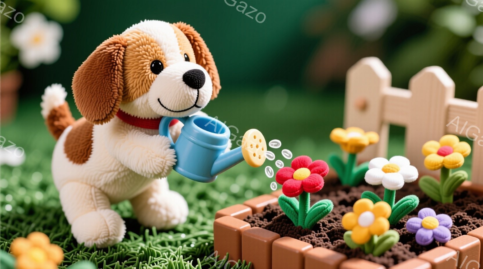 ふわふわの茶色と白の犬のぬいぐるみは、青いジョウロで花壇に水をやっています。花壇には、赤、白、黄色、紫色のカラフルな花が咲き乱れ、背景には緑の芝生と木製の柵があり、温かく可愛らしい雰囲気です。犬の表情は穏やかで、優しく花を育てる姿が印象的です。